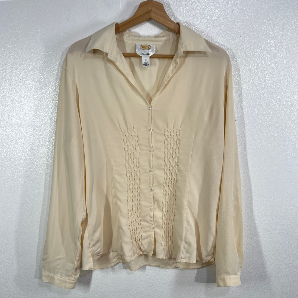 Talbots Pure Silk Blouse Women's 10 Cream Pintuck Button Front Long Sleeve Top